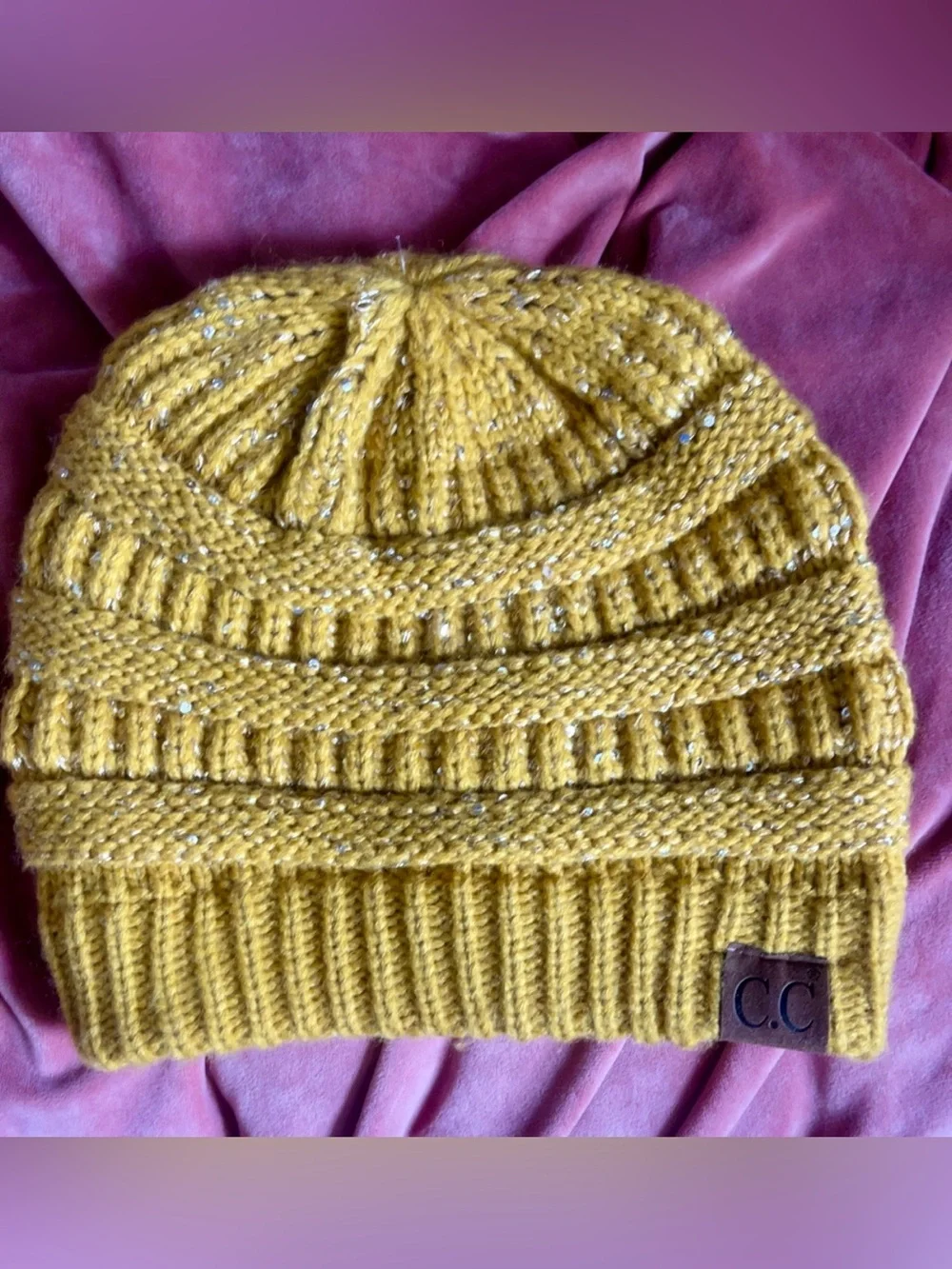C.C. Exclusives Mustard Yellow Chunky Knit Beanie with Silver Shimmer Like New
